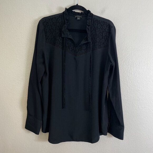Ann Taylor Womens Large Tall Black Lace Yoke Long Sleeve Blouse Front Neck Tie - Picture 8 of 12